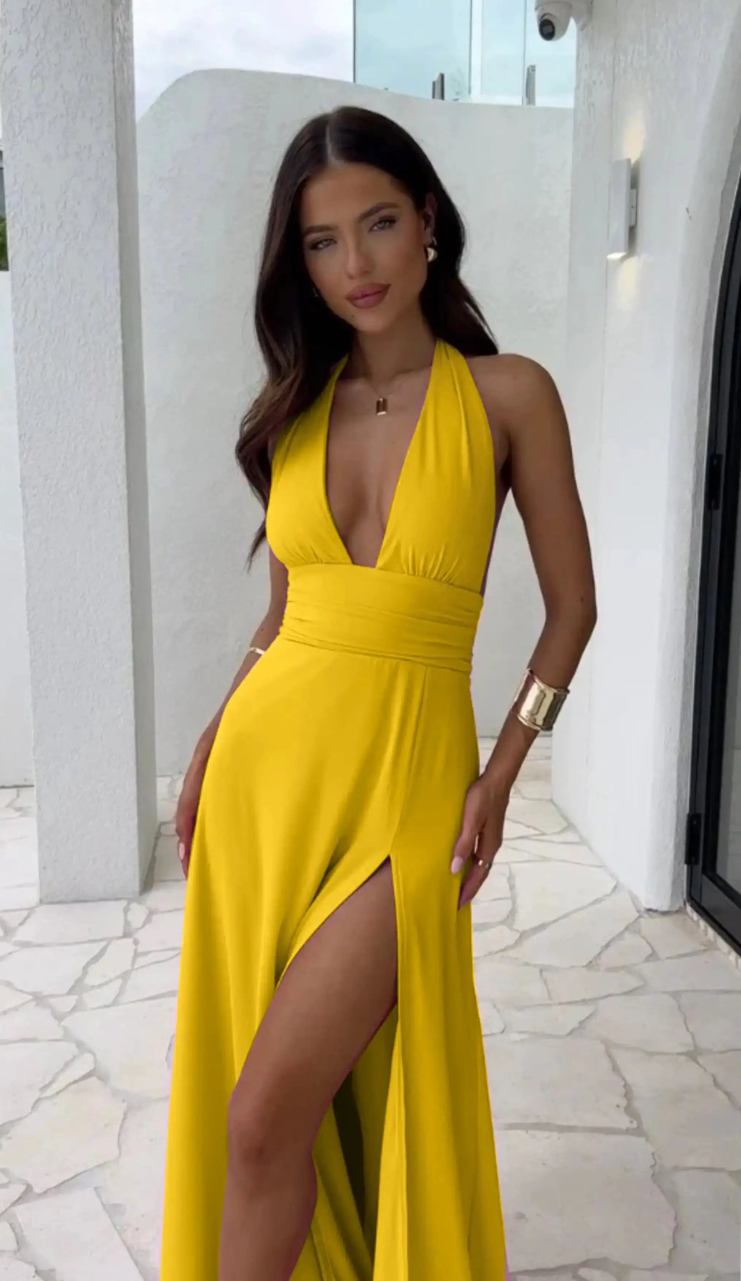 Deep V Split Monochrome Dress by Oz-Direct.com