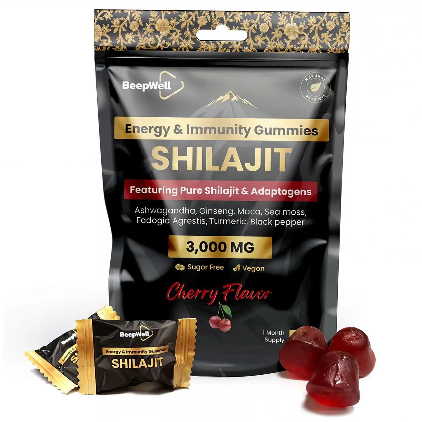 BeepWell Shilajit Gummies – High Potency Gummies for Overall Wellness Sugar Free Vegan Gummies- 100% Natural and Organic - 3000mg - 60 Gummies - Cherry Flavored by Oz-Direct.com