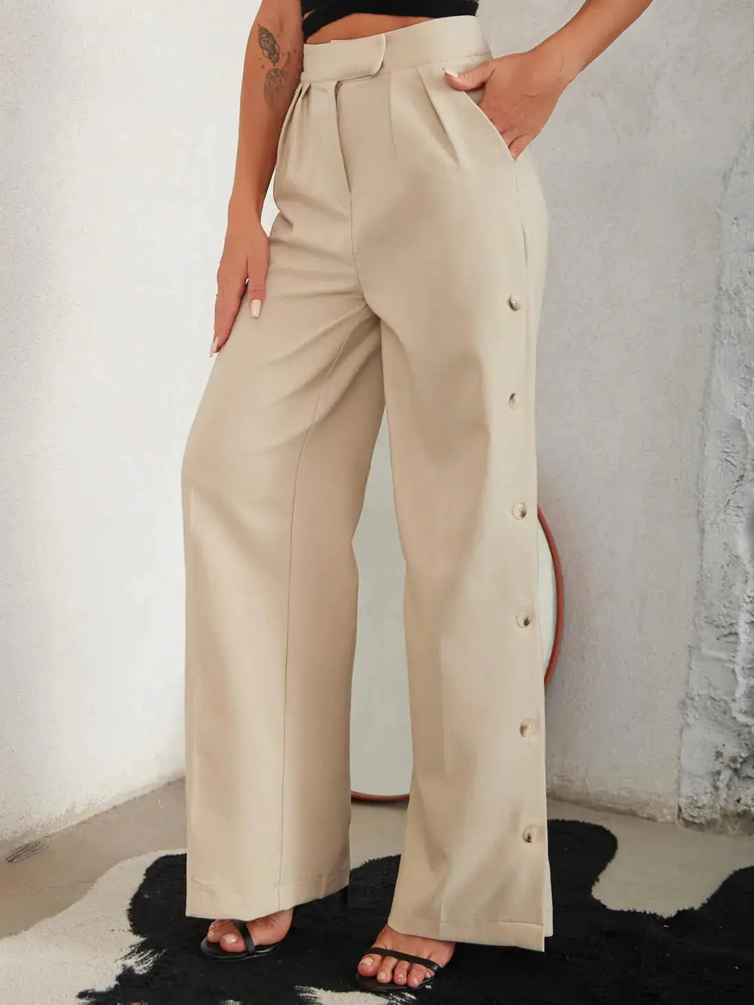 Side Button Pleated Wide Leg Pants by Oz-Direct.com