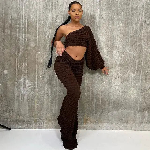 Women's Textured One-Shoulder Crop Top & Matching Pants Set by Oz-Direct.com