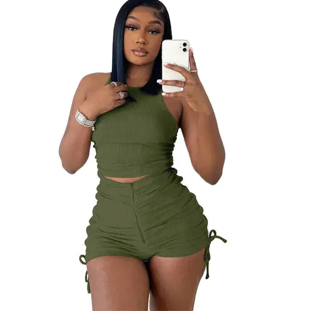 Drawstring Zipper Rib Casual Set by Oz-Direct.com