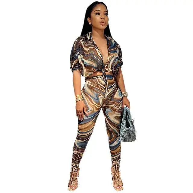 2 Piece Set Abstract Print Sheer Mesh Outfits by Oz-Direct.com