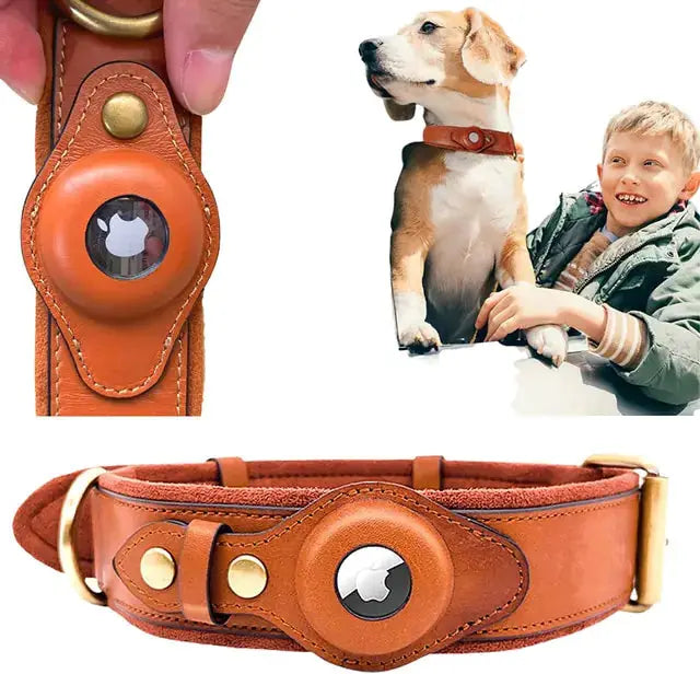 Genuine Leather Airtag Heavy Duty Dog Collar by Oz-Direct.com