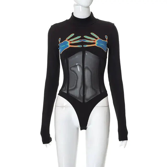 See Through Black Long Sleeve Bodysuit by Oz-Direct.com