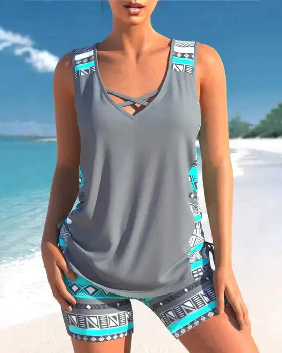 Women Vintage Print Strappy Back Tankini Set Sleeveless by Oz-Direct.com