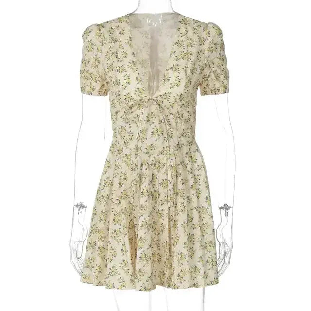 Vintage Lace Up Bandage V-Neck Mini Pleated Dress by Oz-Direct.com