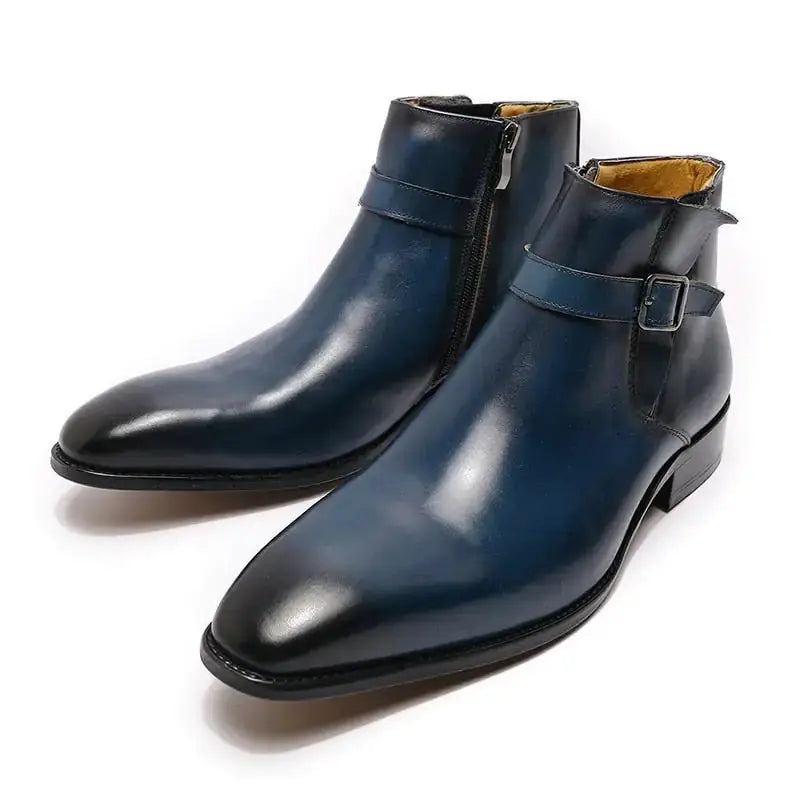 Men's Italian Leather Dress Boots With Zipper & Buckle by Oz-Direct.com