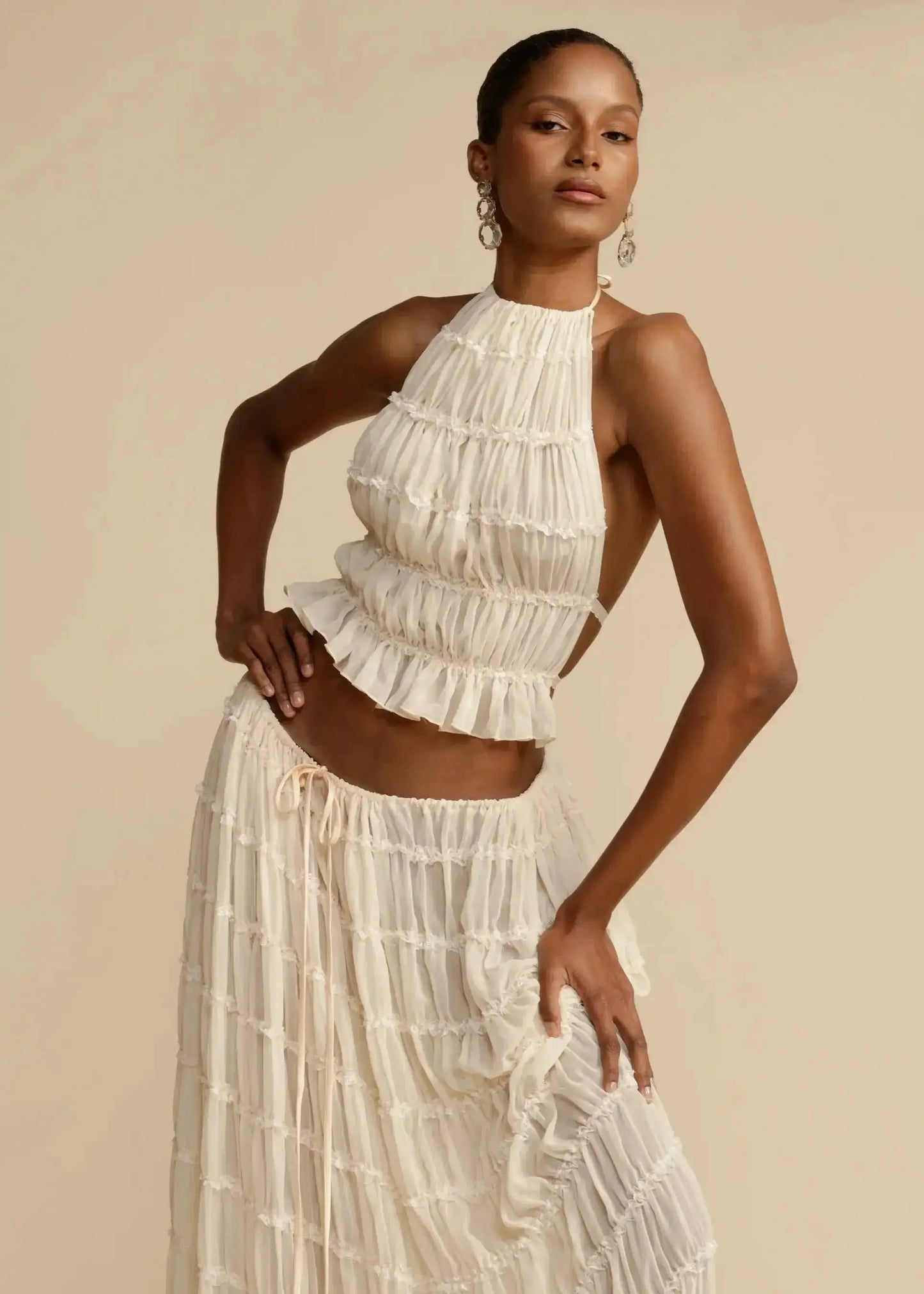 Summer Backless Ruched White Dress Set by Oz-Direct.com