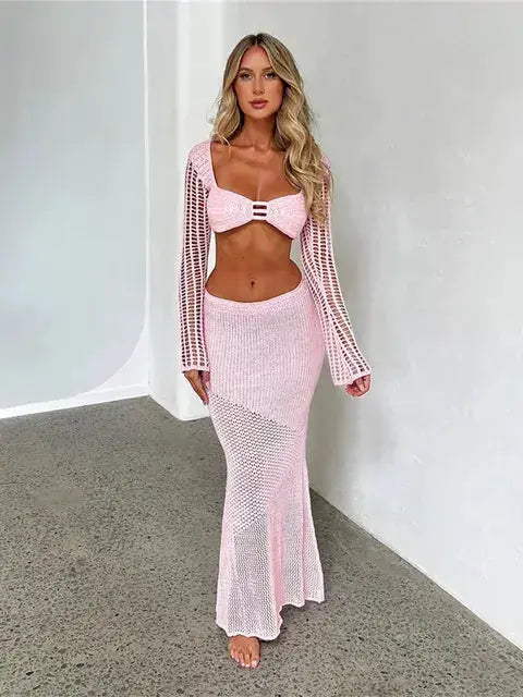 2 Piece Skirt Set Hollow Out Crop Top Long Sleeve by Oz-Direct.com