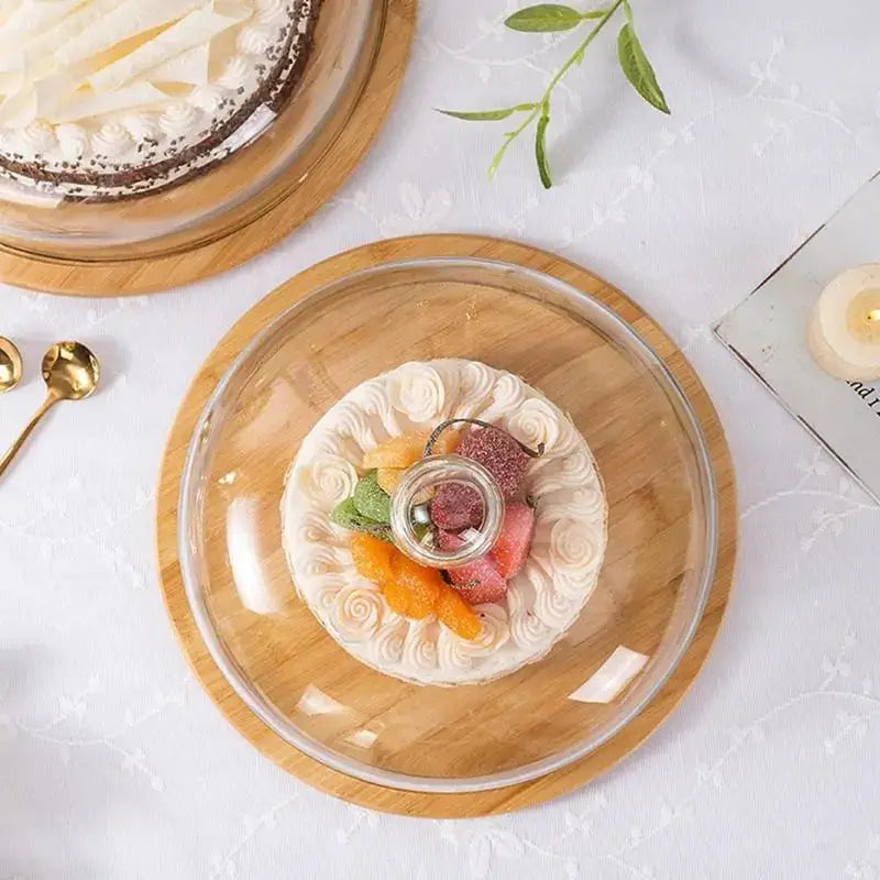 Lead-Free Food Grade Transparent Dustproof Cake Glass Cover Food Cover Cake Cover Fruit Glass Cover Bamboo Tray by Oz-Direct.com