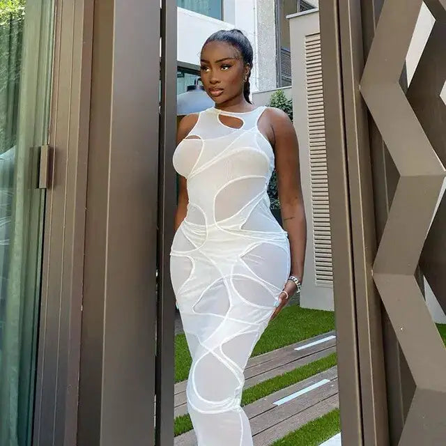 Sleeveless O-Neck Mesh Maxi Dress by Oz-Direct.com