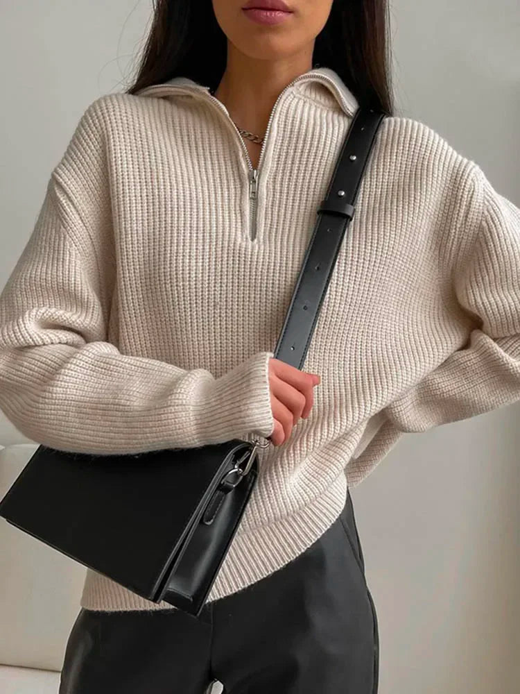 Knit Sweater With Zip Up Turtleneck And Long Pants