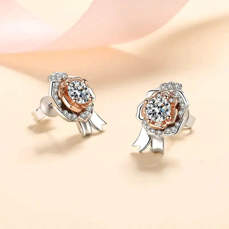 Silver Sparkling Rose Stud Earrings by Oz-Direct.com