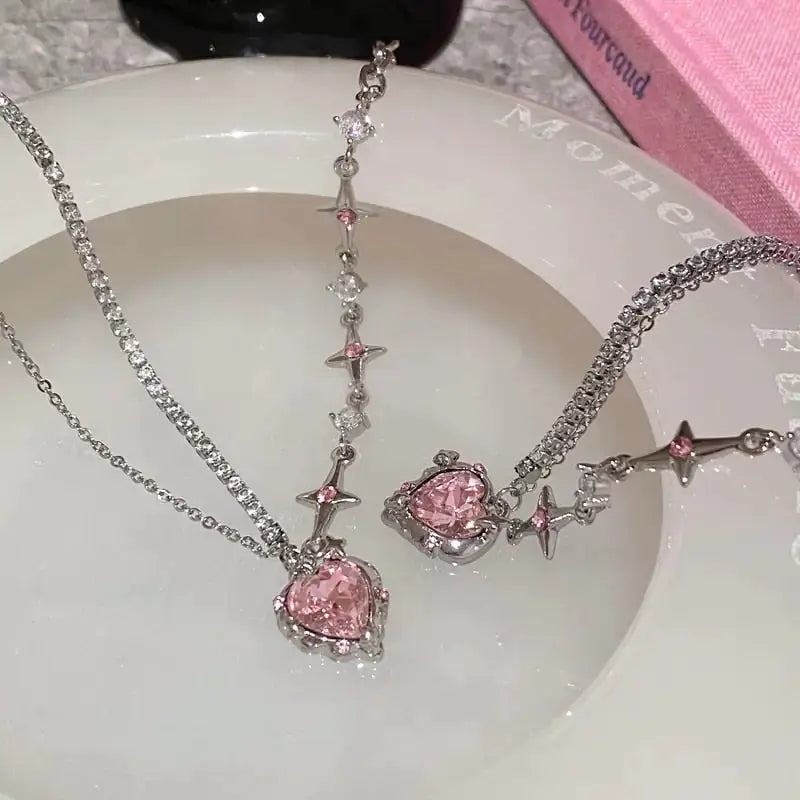 Pink Heart Crystal Necklace by Oz-Direct.com