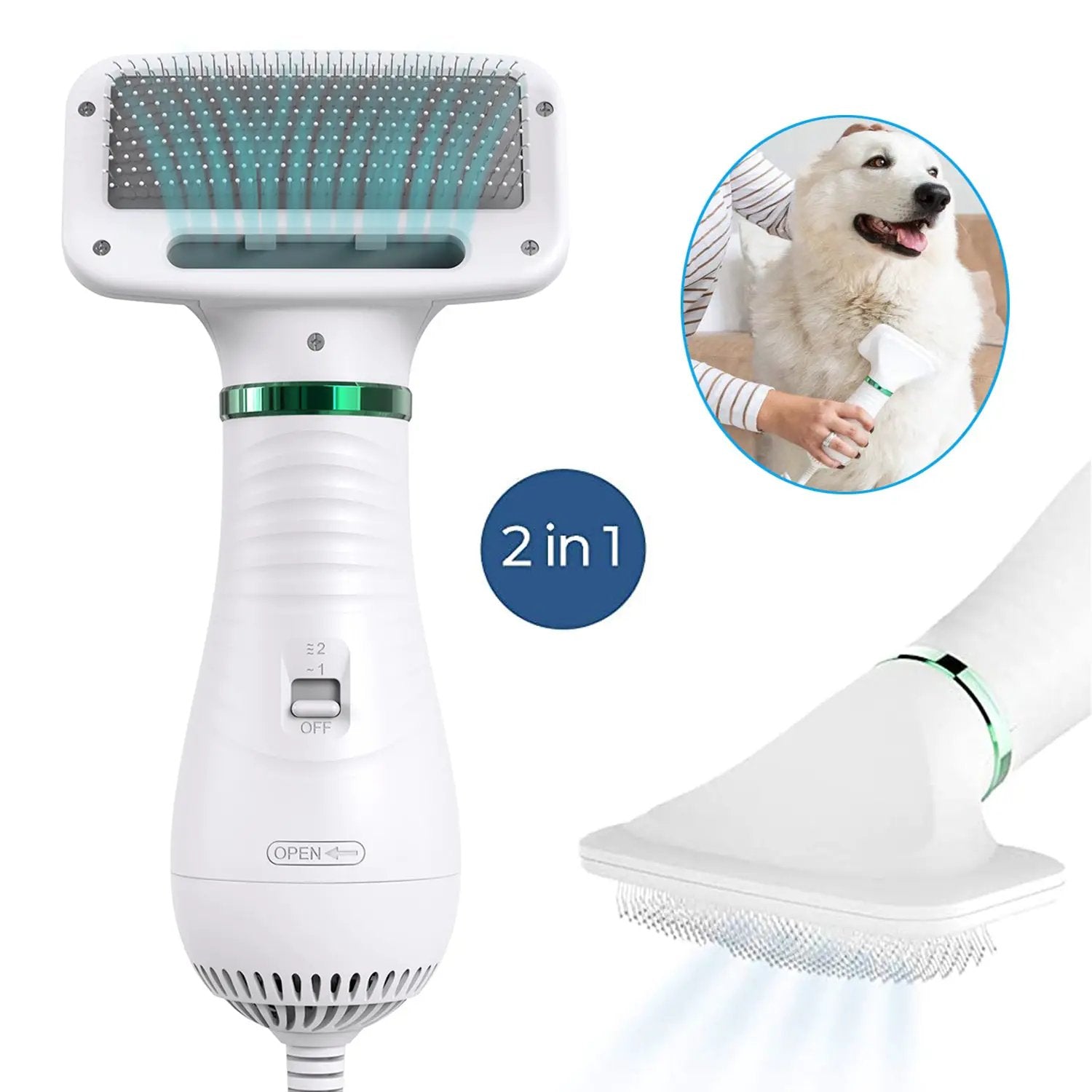 eprolo 2-in-1 portable dog dryer with comb brush, white handheld grooming tool with green accent