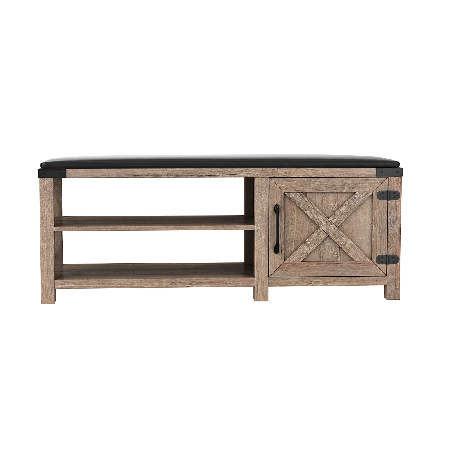 Modern Farmhouse Shoes Bench With Seat Cushion, Tobacco Wood