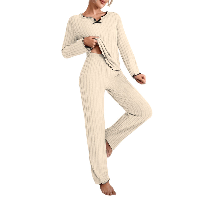 Cozy Women's Home Wear Set with Black Trim and Braided Edge Casual Sleepwear for Autumn and Winter