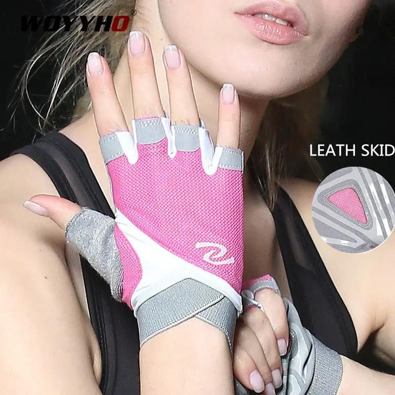 Pink women's half-finger gym gloves for weightlifting, breathable mesh with gray trim, WOYHO logo