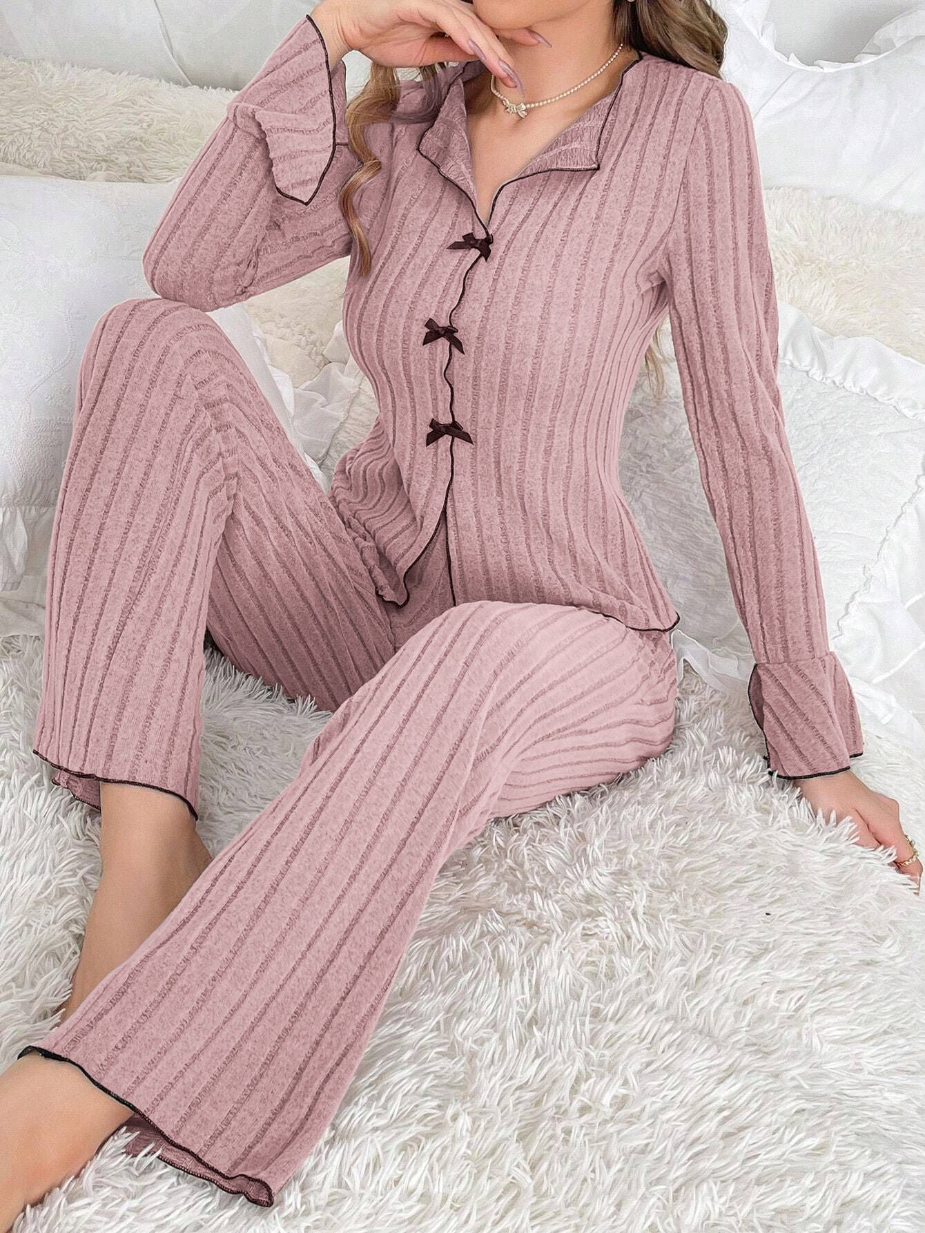 Fashionable Sexy Long Sleeve Long Pants Pajama Set for Women with Turn-Down Collar and Bow,Autumn/Winter Home Wear