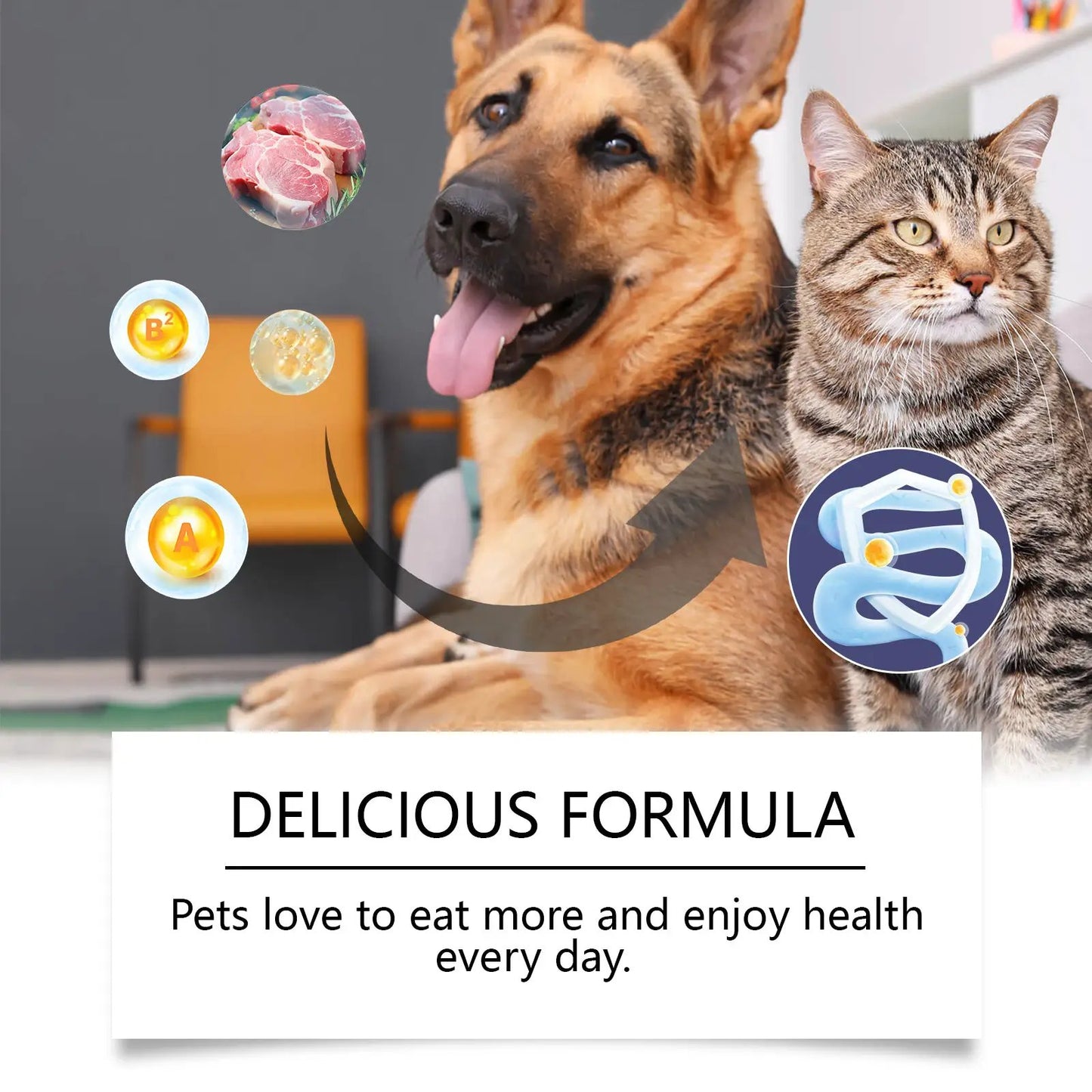 Cats And Dogs General Compound Probiotic Tablets by eprolo; dog and cat with probiotic supplement icons