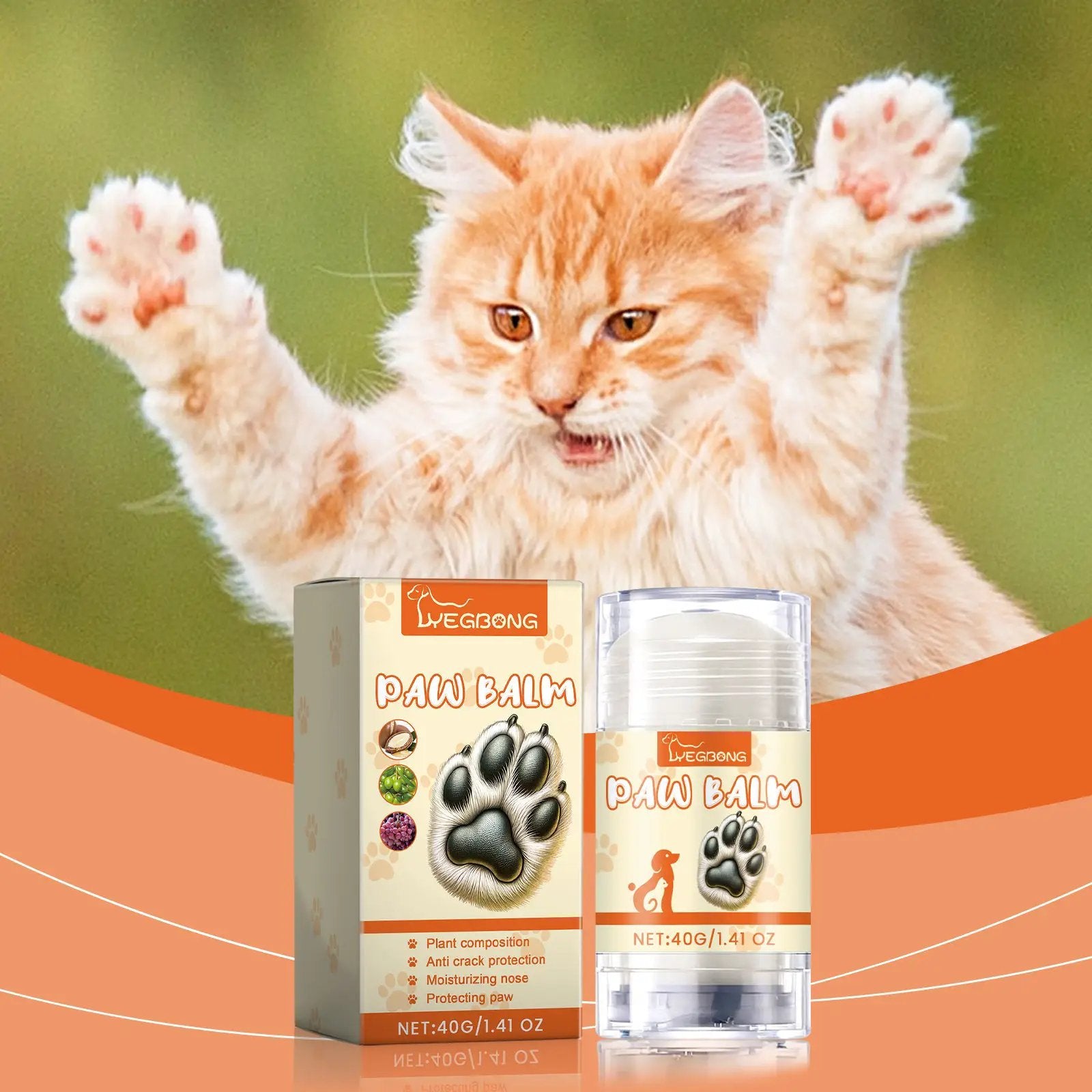 Yegbong paw balm for pets by eprolo; boxed and bottle packaging with paw prints, orange kitten backdrop