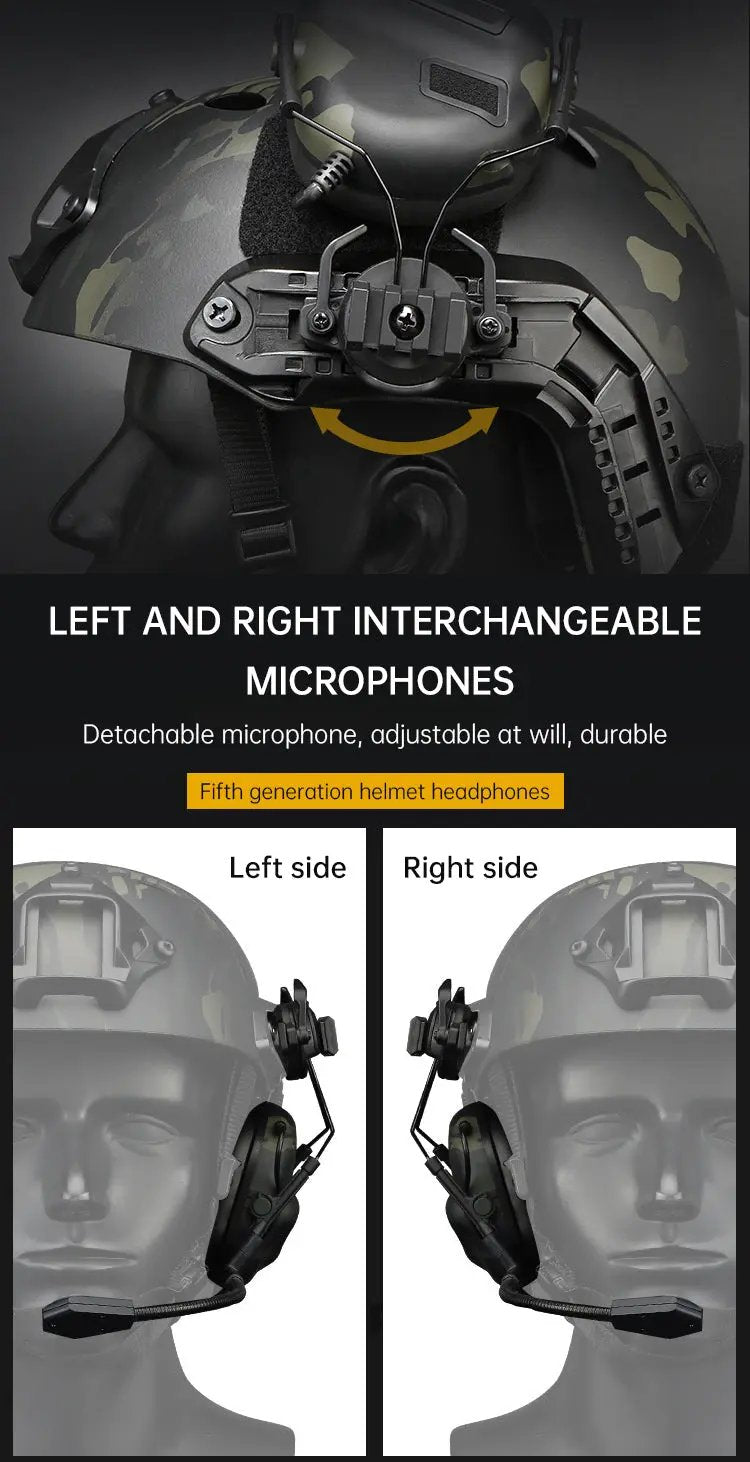 eprolo Tactical Mobile Phone Headset with left and right interchangeable microphones on a camo helmet