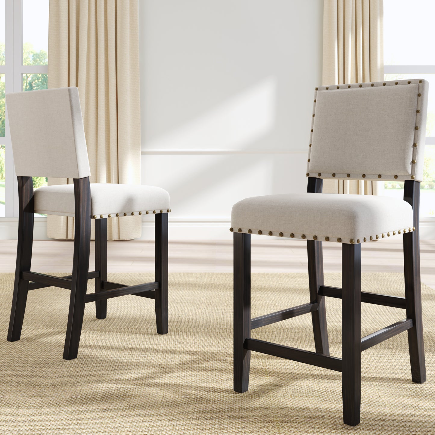 TOPMAX 5 Piece Rustic Wooden Counter Height Dining Table Set with 4 Upholstered Chairs for Small Places Espresso+ Beige