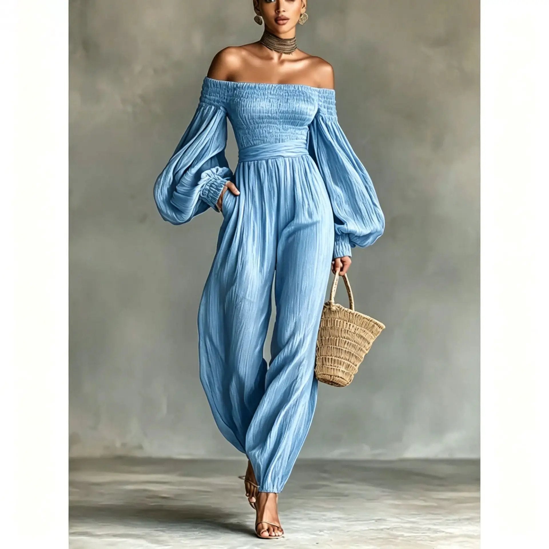 eprolo blue off-shoulder lantern-sleeve pleated jumpsuit with cinched waist and wide legs