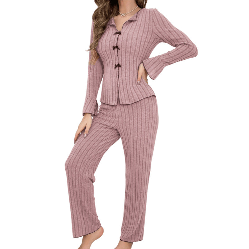 Fashionable Sexy Long Sleeve Long Pants Pajama Set for Women with Turn-Down Collar and Bow,Autumn/Winter Home Wear