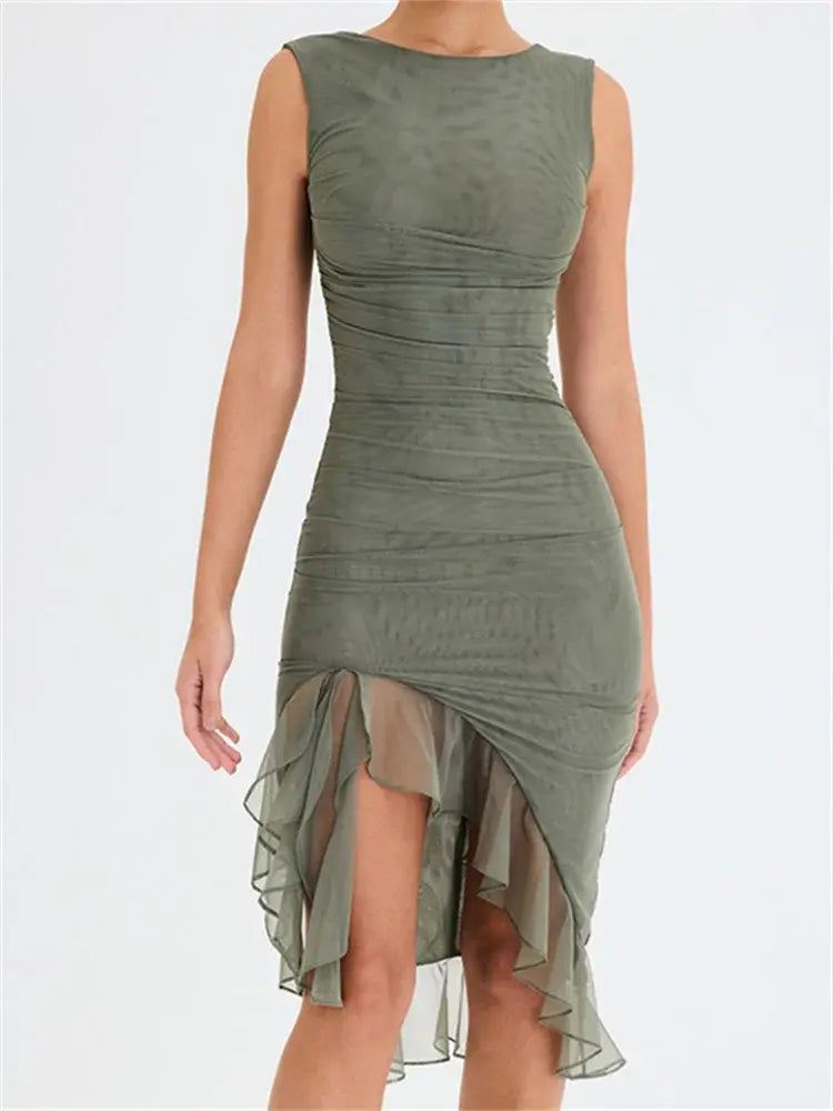 Sleeveless Tulle Ruffle Hem Midi Dress
