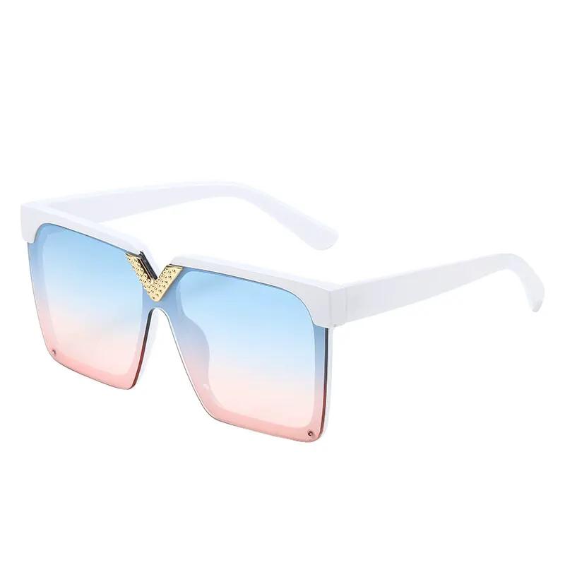 One Piece oversized square V-shaped sunglasses with white frame and blue-to-pink gradient lenses