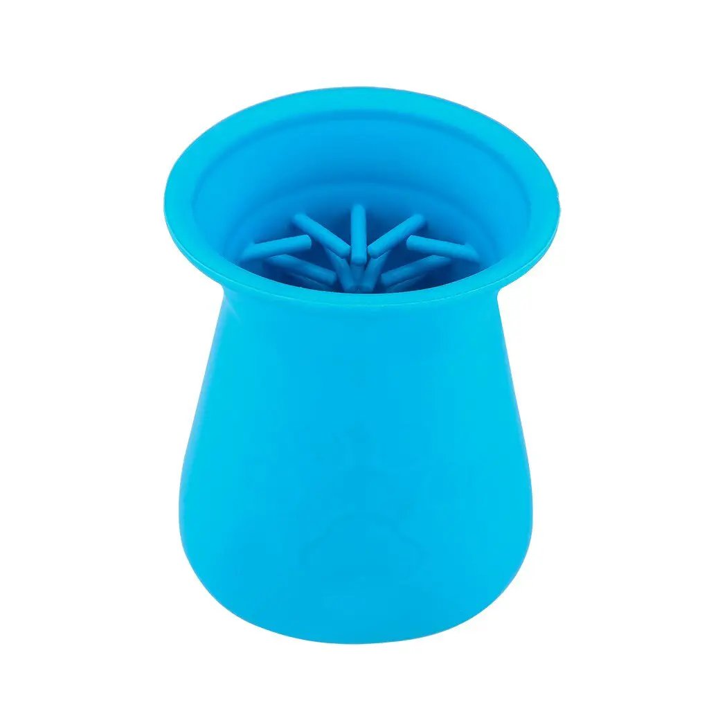 Dog paw cleaner cup by eprolo, blue silicone foot washer with inner bristle brushes.
