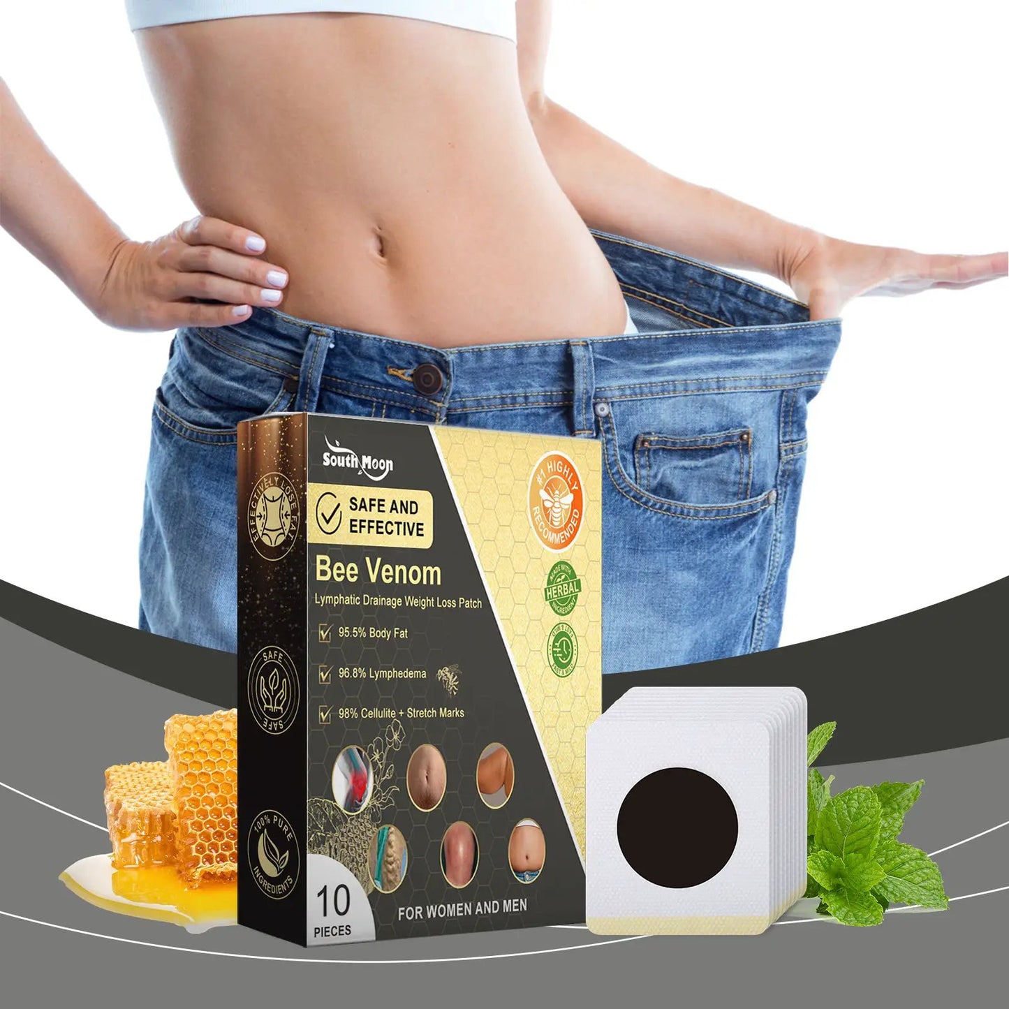 Bee Venom Lymphatic Drainage Weight Loss Patch box by eprolo; black-gold packaging with honeycomb accents