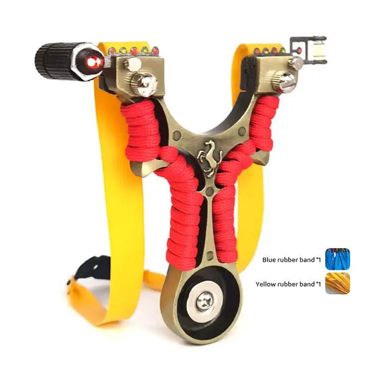 Metal flat skin slingshot by eprolo, yellow elastic bands, red wrap grip, built-in magnet, laser sight