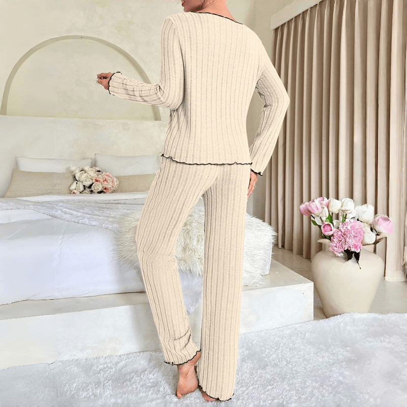 Cozy Women's Home Wear Set with Black Trim and Braided Edge Casual Sleepwear for Autumn and Winter