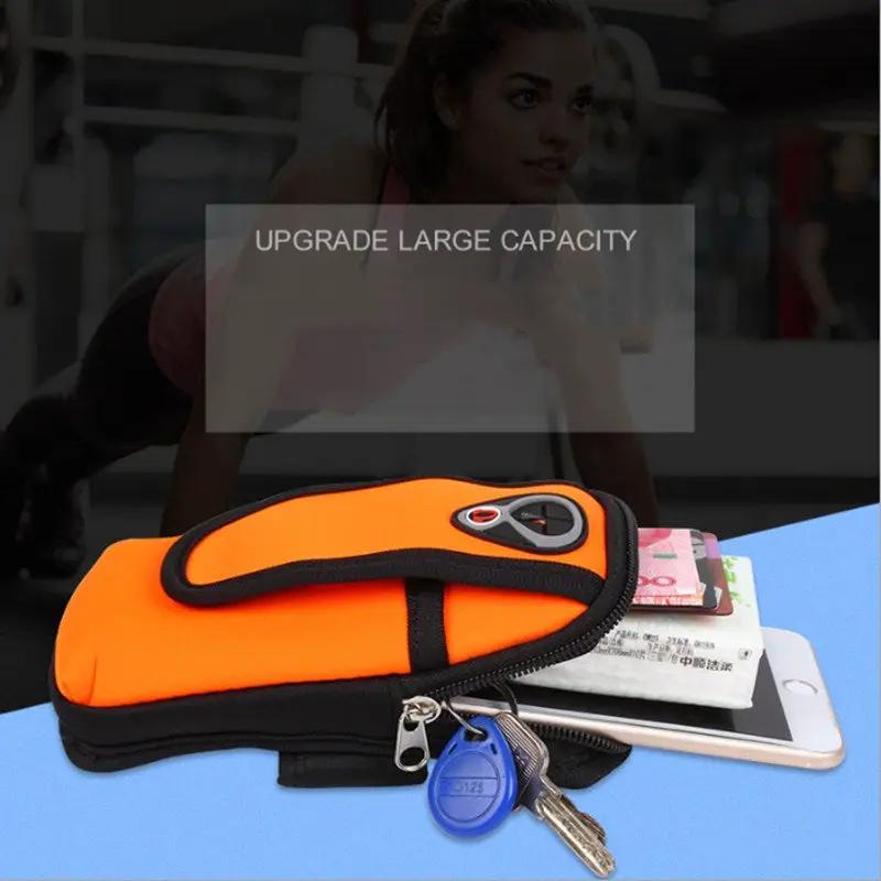 Sport arm running bag in orange nylon with phone pocket and key clip, waterproof