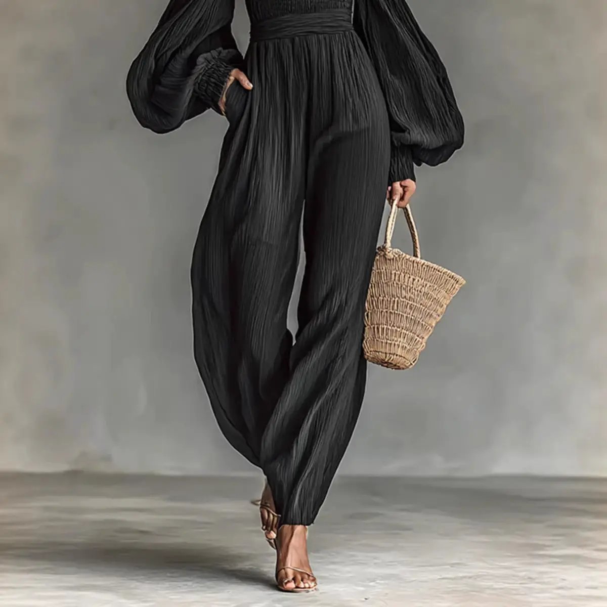 Style Off-Shoulder Lantern Sleeve Pleated Loose Jumpsuit for Women in black