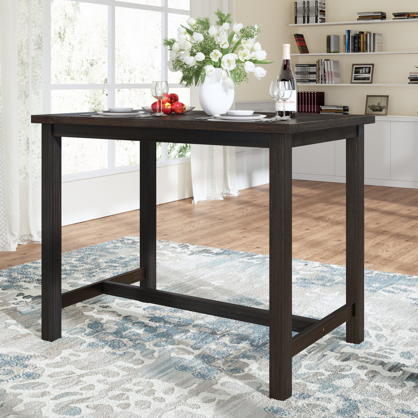 TOPMAX 5 Piece Rustic Wooden Counter Height Dining Table Set with 4 Upholstered Chairs for Small Places Espresso+ Beige