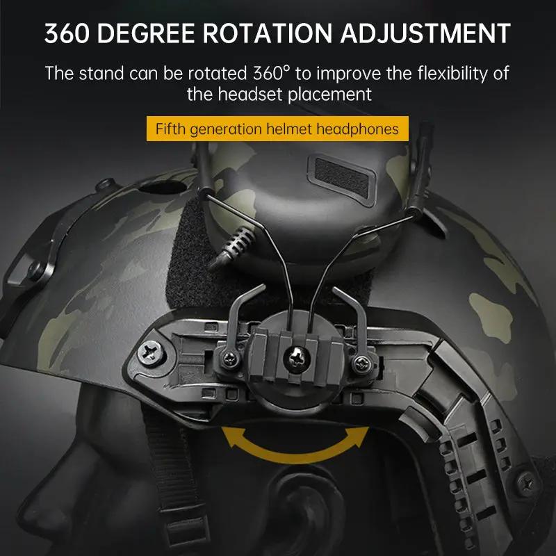 Tactical mobile phone headset mounted on camouflage combat helmet with 360-degree rotation adjustment.