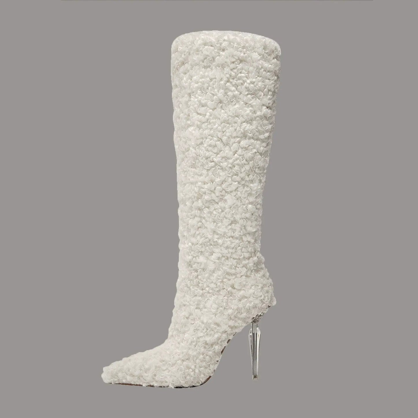 Knee-high boot in white boucle with pointed toe and crystal-clear stiletto heel (eprolo)