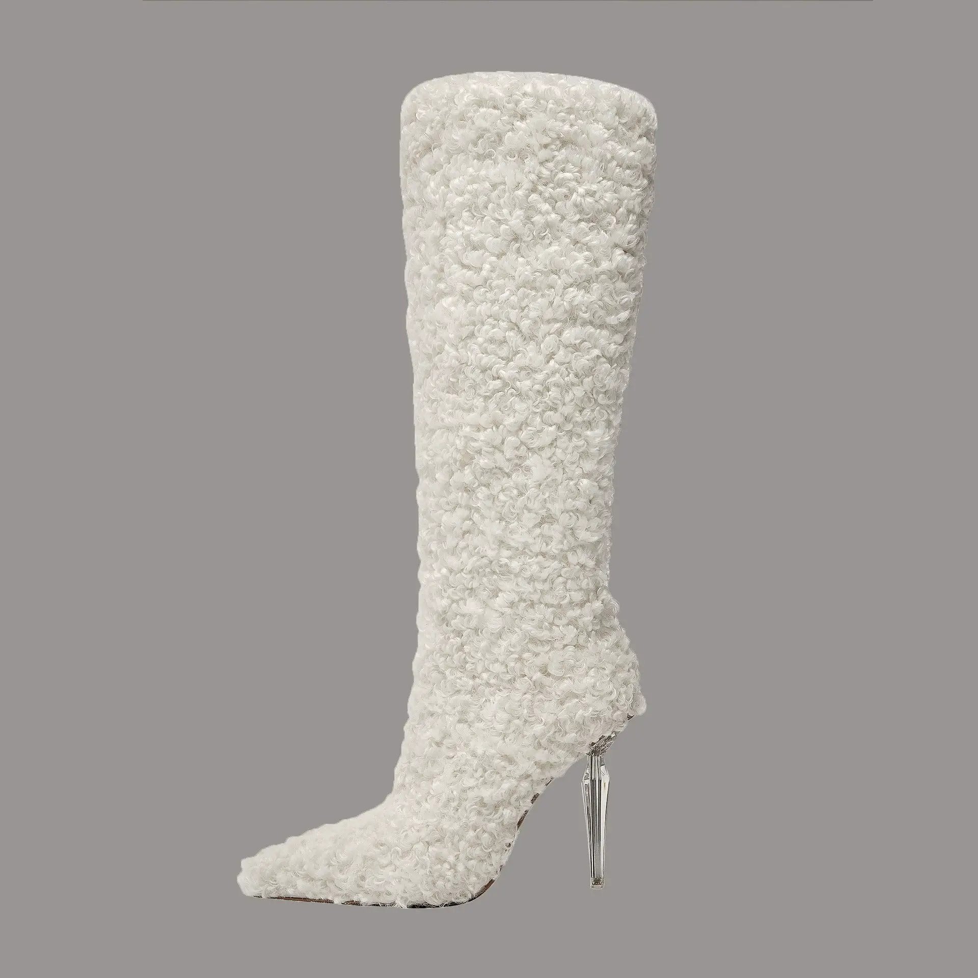 Knee-high boot in white boucle with pointed toe and crystal-clear stiletto heel (eprolo)