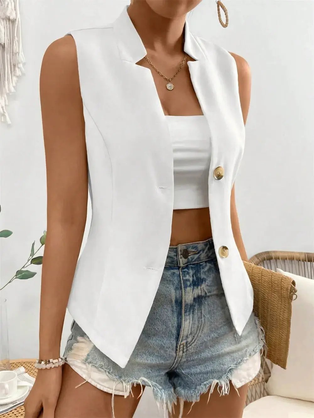 Button Down Vest Coat by eprolo, white sleeveless blazer with gold buttons