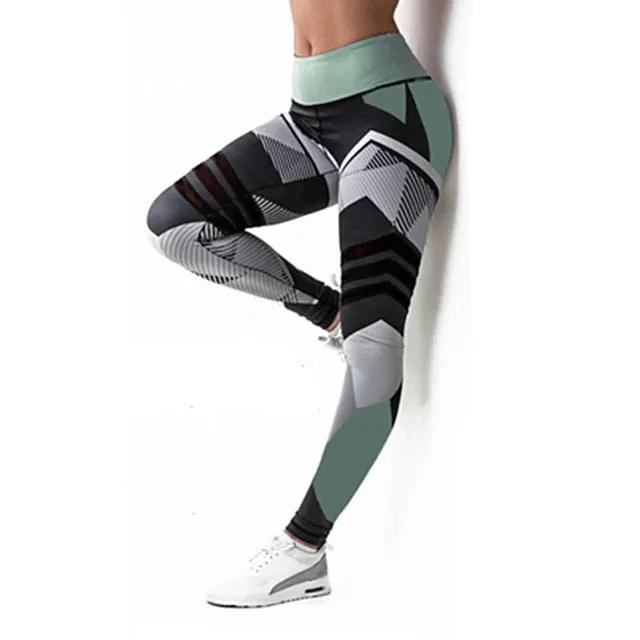 Yoga pants with geometric black and gray panels and mint green waistband for women