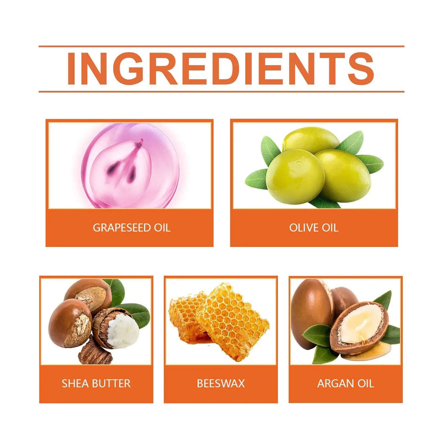 Yegbong pet paw cream ingredients infographic featuring grapeseed oil, olive oil, shea butter, beeswax and argan oil