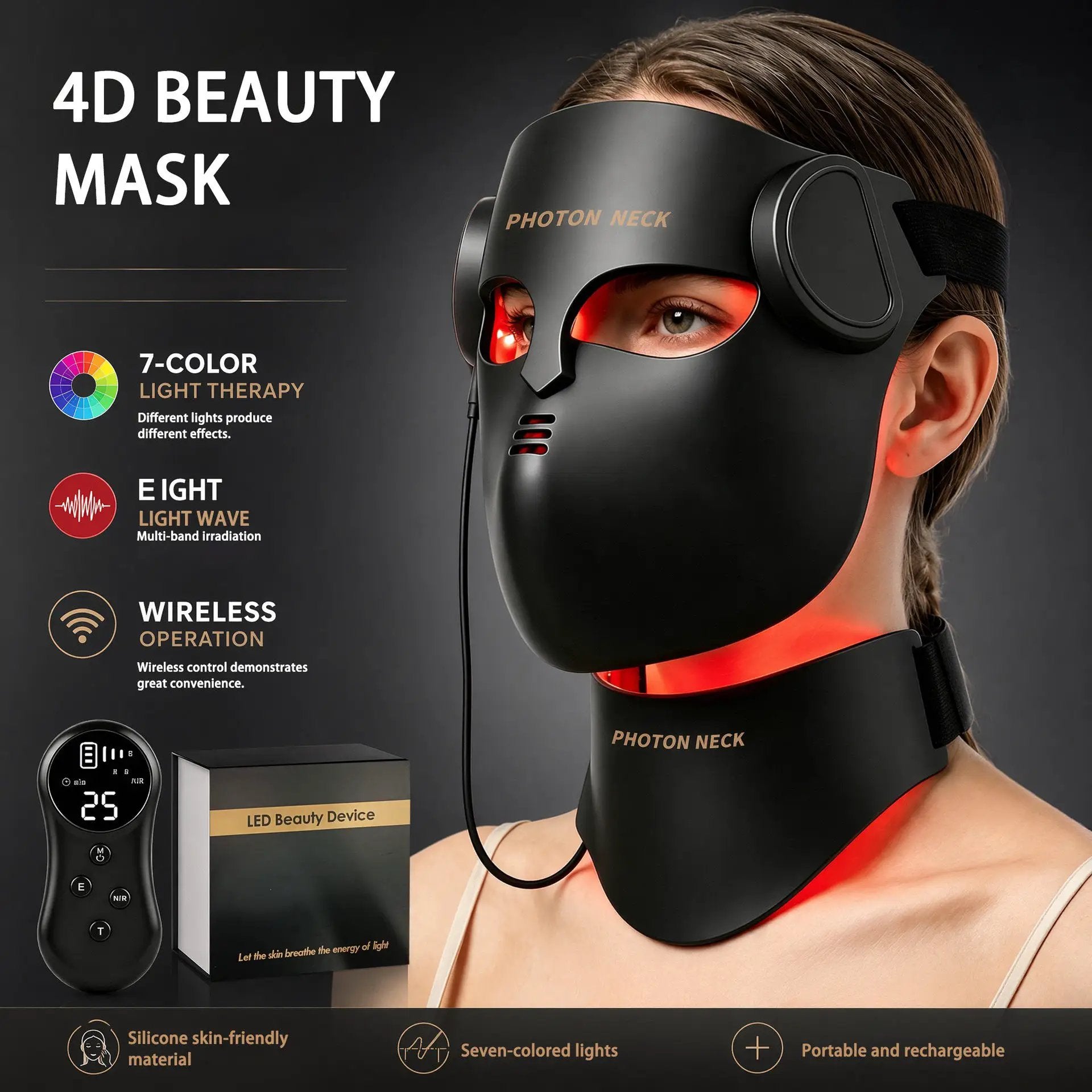 eprolo 4D silicone beauty face mask with wireless remote and LED light therapy box (3-piece set)