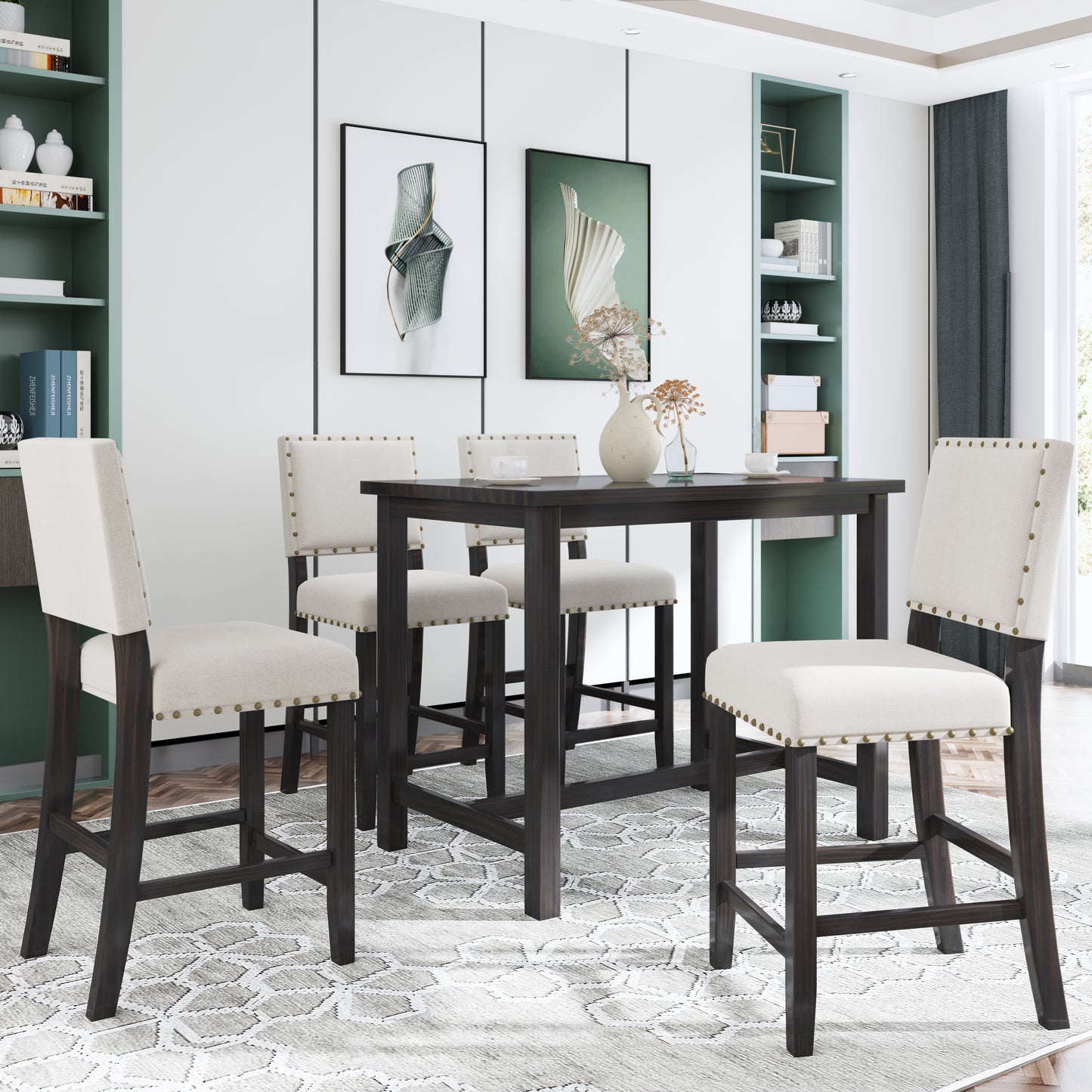 TOPMAX 5 Piece Rustic Wooden Counter Height Dining Table Set with 4 Upholstered Chairs for Small Places Espresso+ Beige