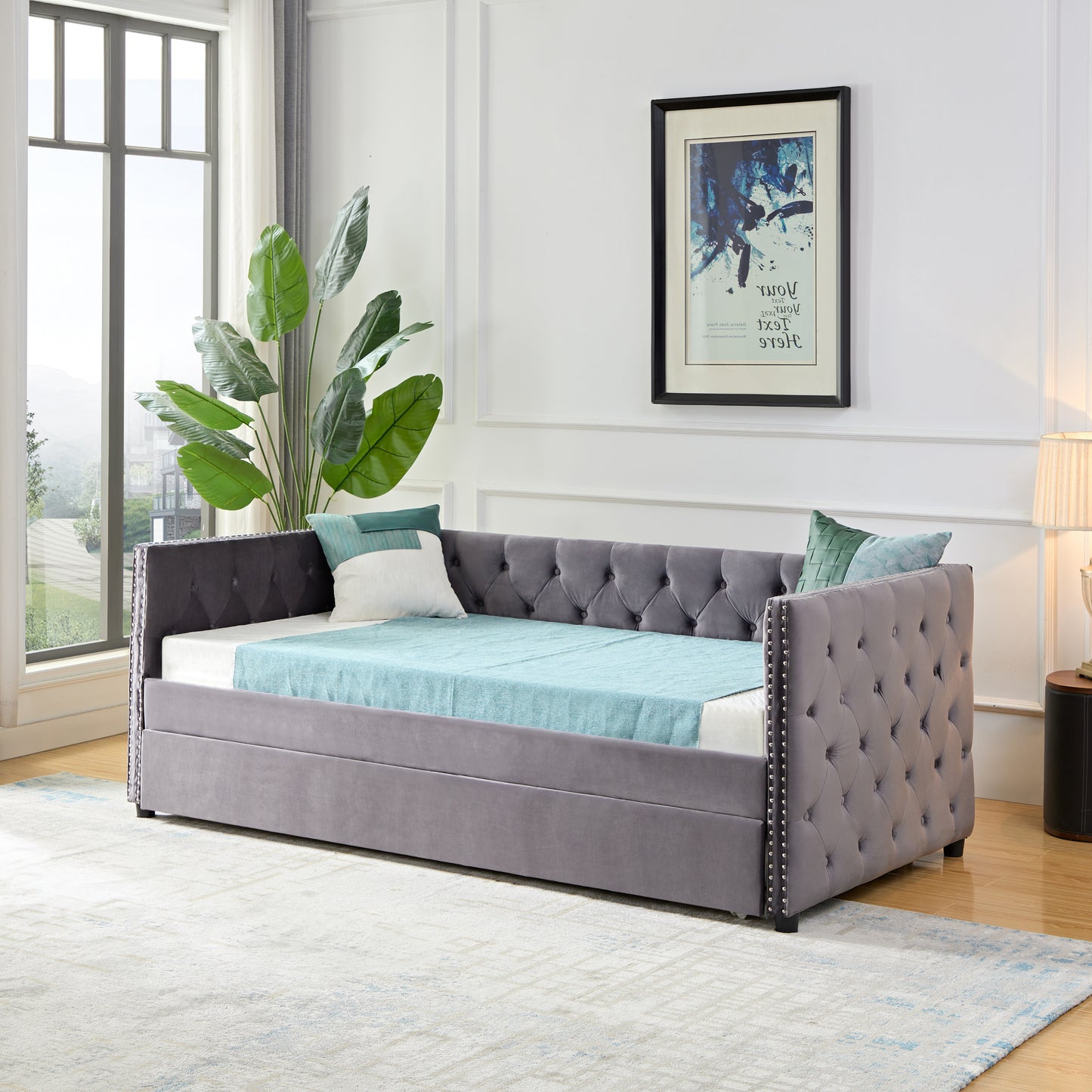 Daybed with Trundle Sofa Bed upgraded velvet upholstered sofa bed (Grey Twin 83.47"x41.91"x30.71")