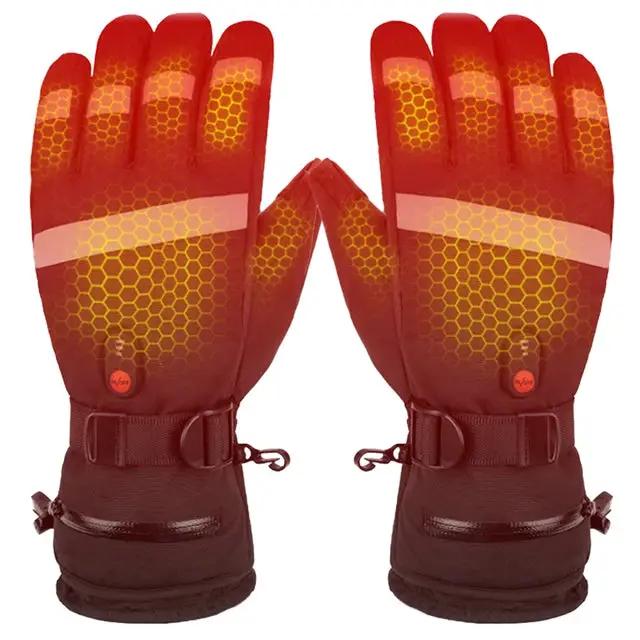 Heated gloves by eprolo, pair, touchscreen-ready, five-finger heated, red-orange gradient with honeycomb pattern.