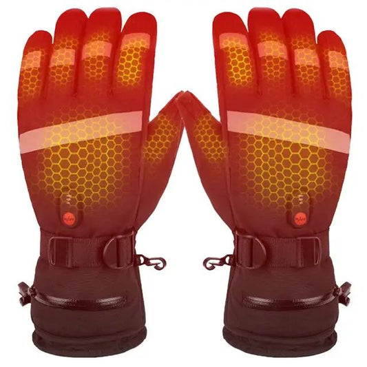 Heated gloves by eprolo, pair, touchscreen-ready, five-finger heated, red-orange gradient with honeycomb pattern.