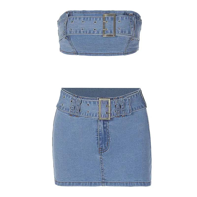 Women's fashion denim tube top and skirt set, blue denim with belt, 2-piece